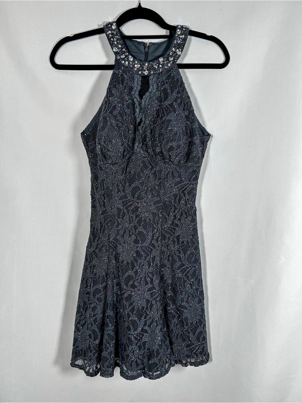 Morgan & Co Charcoal Blue Lace Cocktail Dress Beaded Neckline Fit & Flare